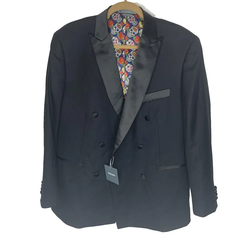 Indochino Black Wool Cashmere Tuxedo Blazer Skull Lined Goth 44R Custom Fit NWT